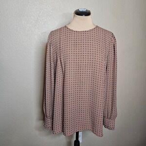 LOFT Womens Brown Pink Geometric Medallion Long Sleeve Blouse Top Medium M